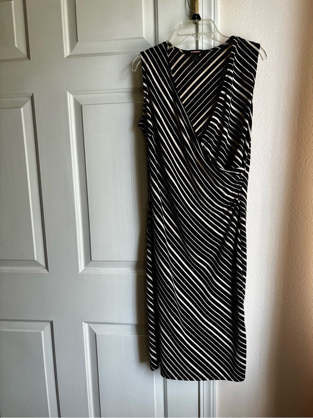 Express Sleeveless Black and White Striped Wrap-Front Dress